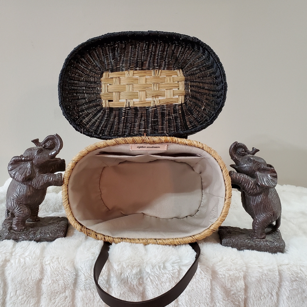 SOPHIE ANDERSON STRAW PURSE HANDBAG BLACK TAN BROWN LEATHER 2 STRAPS NWOT MEDIUM